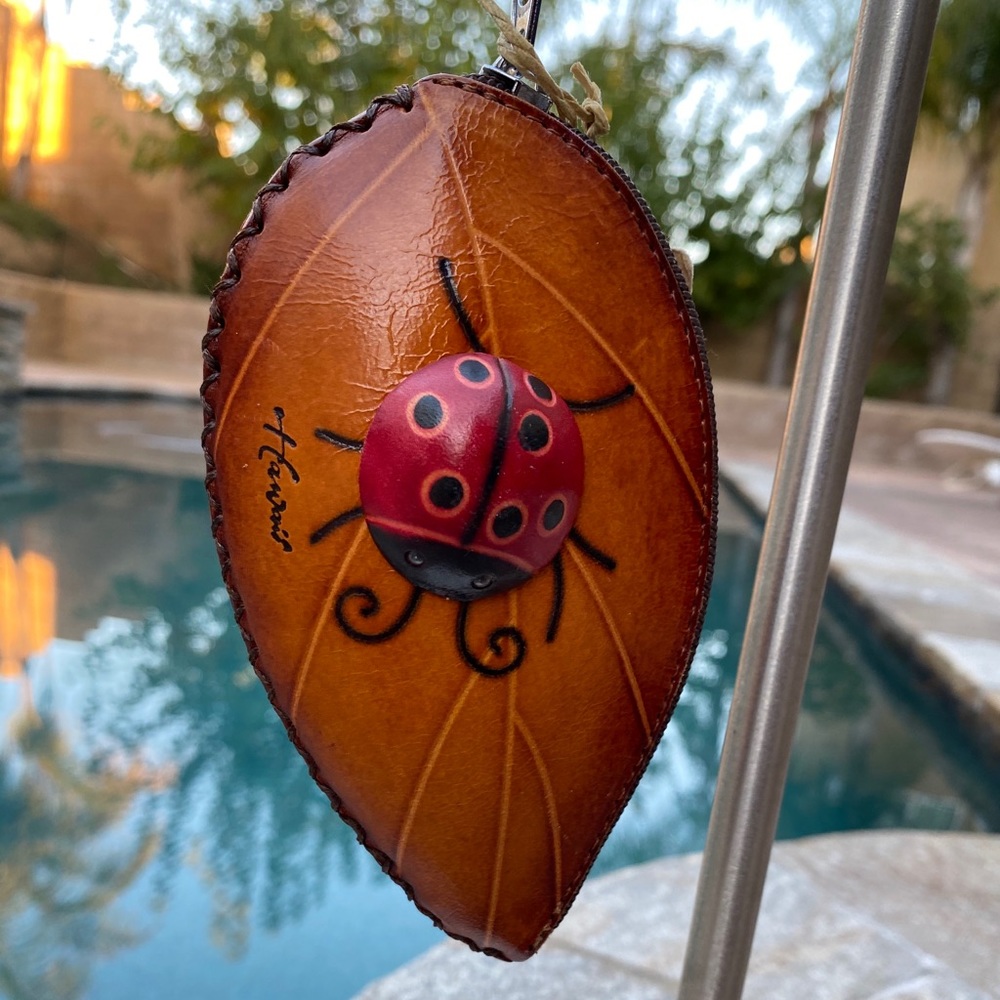 Ladybug On Leaf Leather Wristlet Zipper Coin Purse
